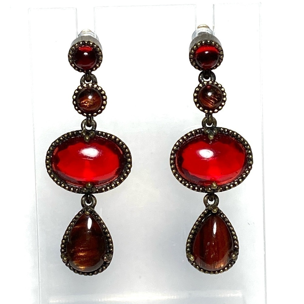 Monet Antique Gold-Tone Red Glass Drop Earrings